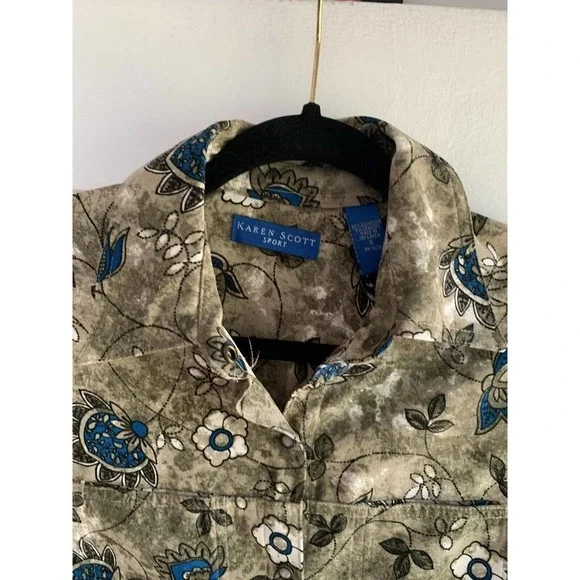 Karen Scott Sport Long Sleeve Floral Print Button-Up Top - Green Blue Size Small - Picture 4 of 8